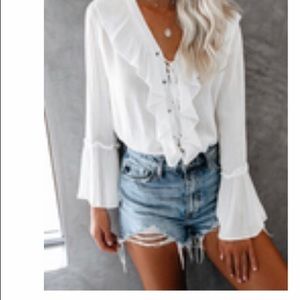 Vici Lace Up Ruffle Top - White. Worn once